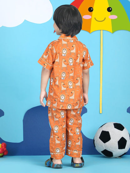 Polka Tots Half sleeves Lion and Giraffe print Night Suit - Orange