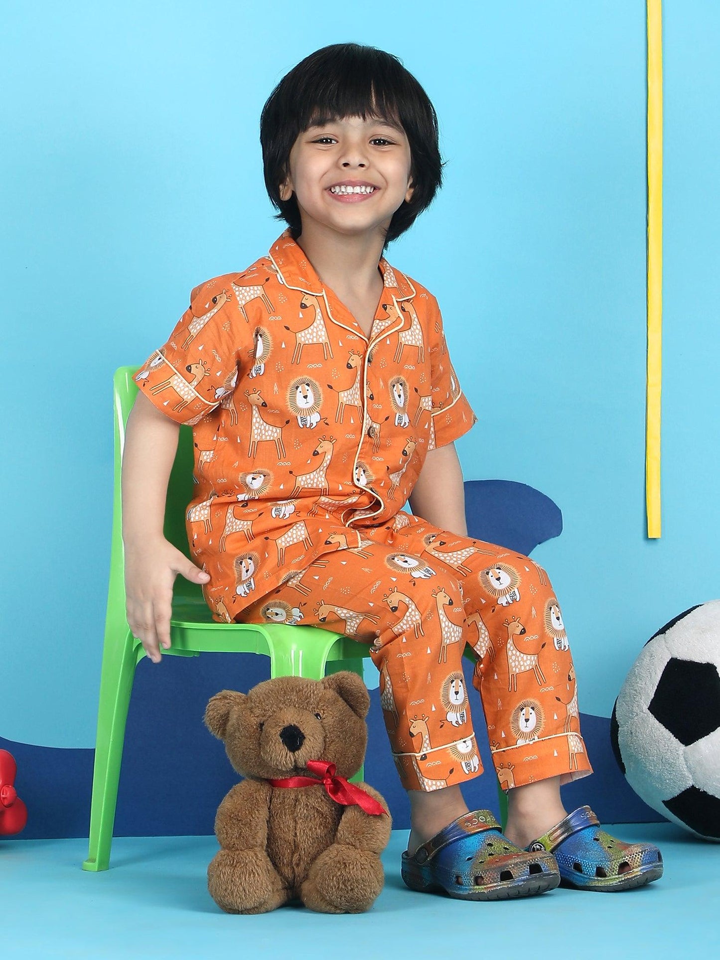 Polka Tots Half sleeves Lion and Giraffe print Night Suit - Orange