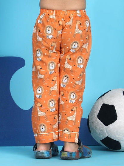 Polka Tots Half sleeves Lion and Giraffe print Night Suit - Orange