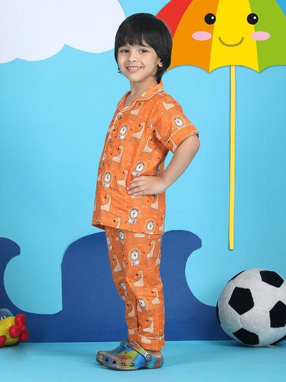 Polka Tots Half sleeves Lion and Giraffe print Night Suit - Orange