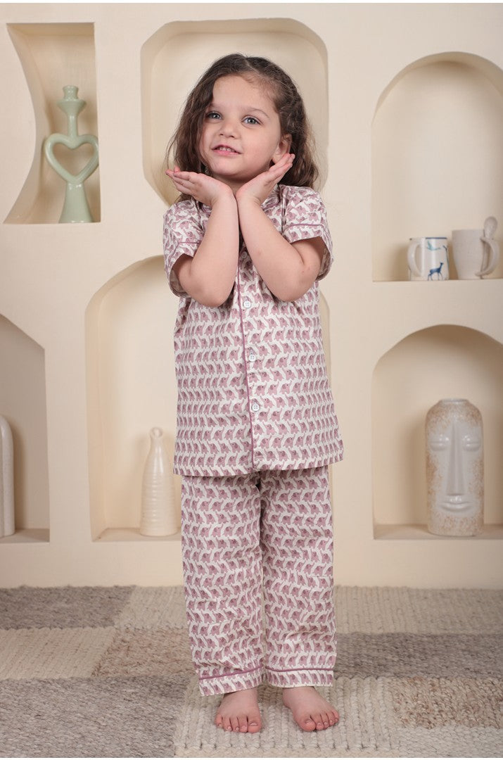 Polka Tots Half sleeves Elephant print Night Suit Pink