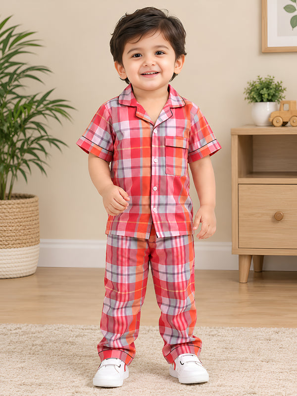 Polka Tots Half sleeves Checkered Night Suit - Magenta