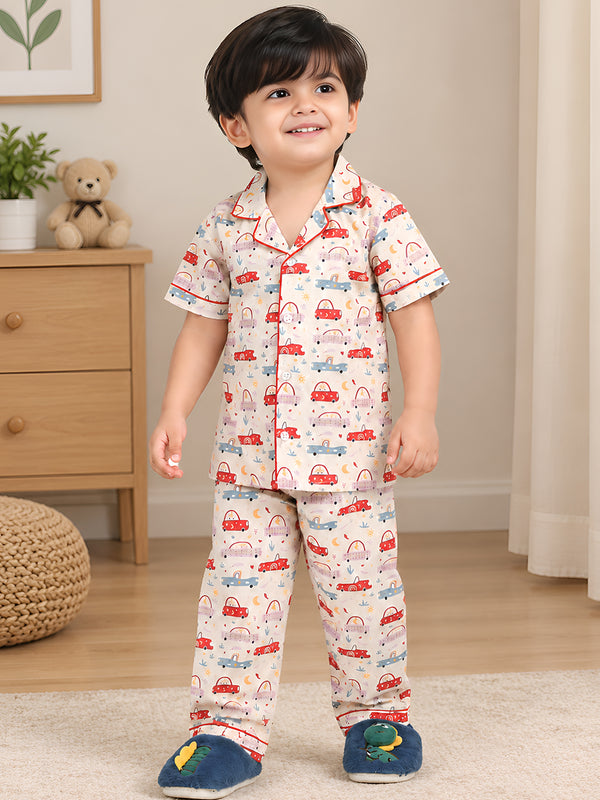 Polka Tots Half sleeves Car print Night Suit - Yellow
