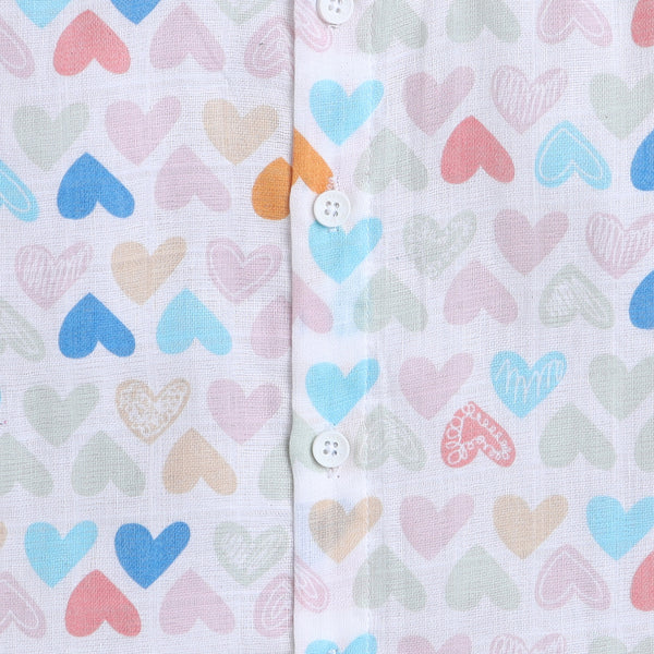 Polka Tots Soft Muslin Cotton Half sleeves Mini Hearts print Jhabla and Pant Set - Multicolor