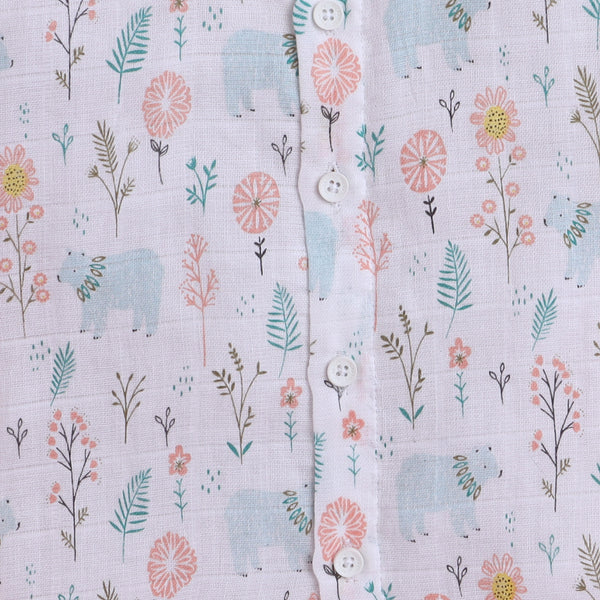 Polka Tots Soft Muslin Cotton Half sleeves Bloomy Bear print Jhabla and Pant Set  - Multicolor