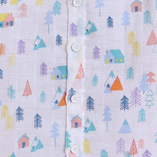 Polka Tots Soft Muslin Cotton Half sleeves Tiny Town print Jhabla and Pant Set  - White