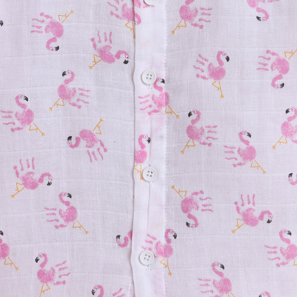 Polka Tots Soft Muslin Cotton Half sleeves Flamingo Fingers print Jhabla and Pant Set - White & Pink
