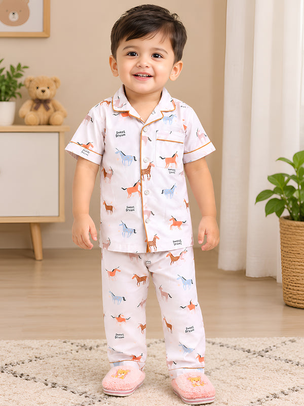 Polka Tots Half sleeves Horse print Night Suit - Brown