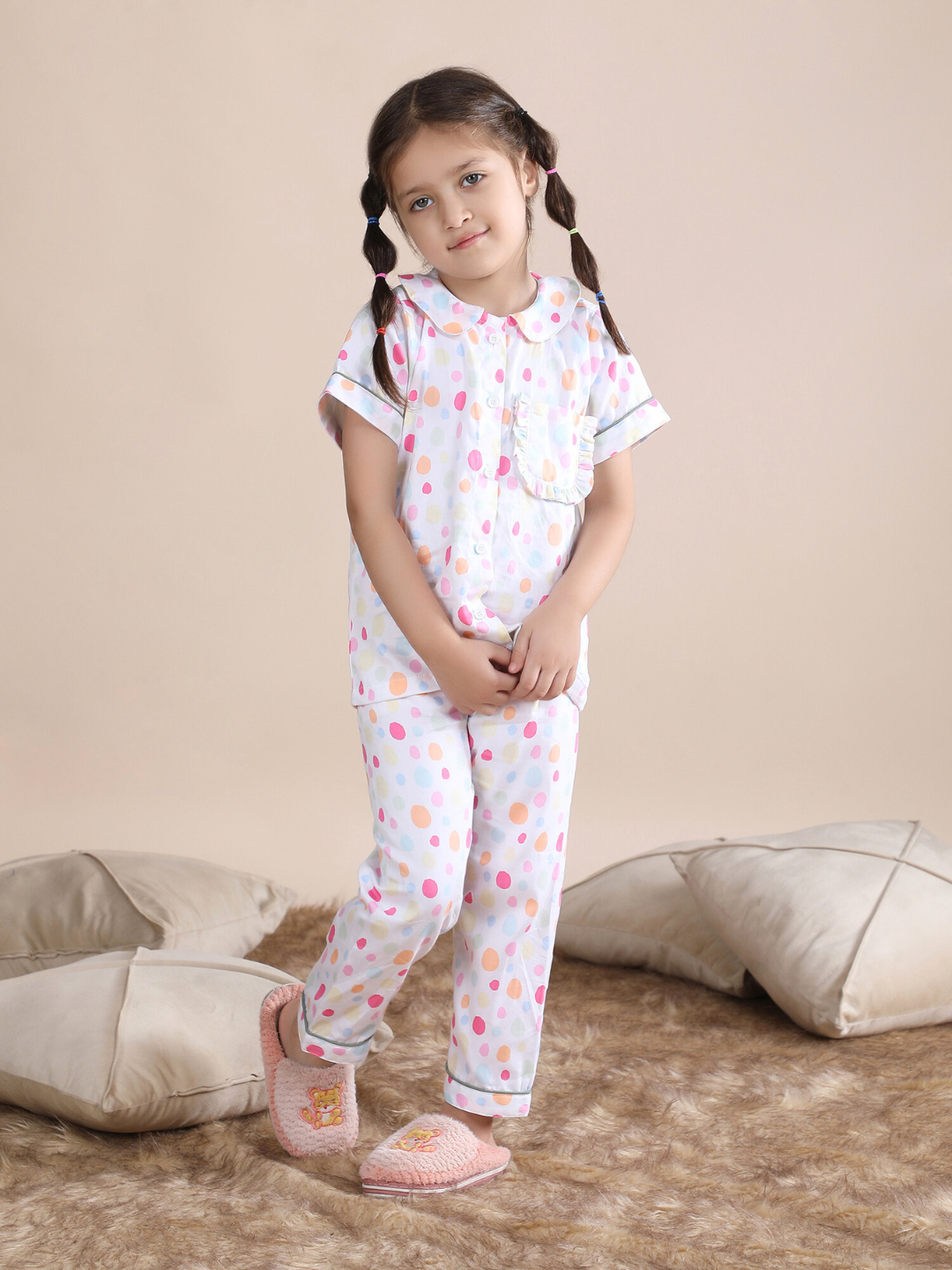 Polka Tots Half sleeves Polka Dots print Night Suit - Multicolor