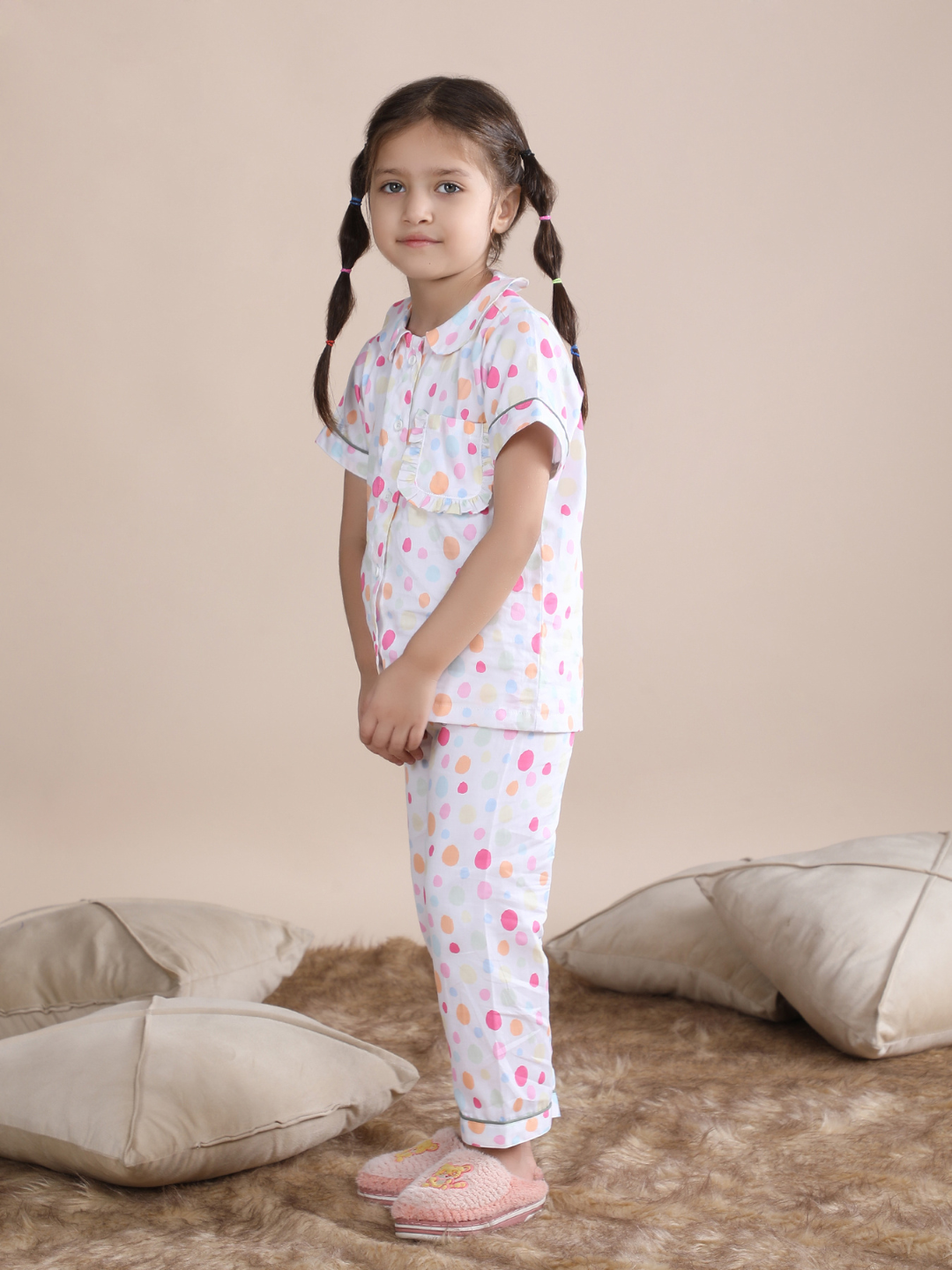 Polka Tots Half sleeves Polka Dots print Night Suit - Multicolor