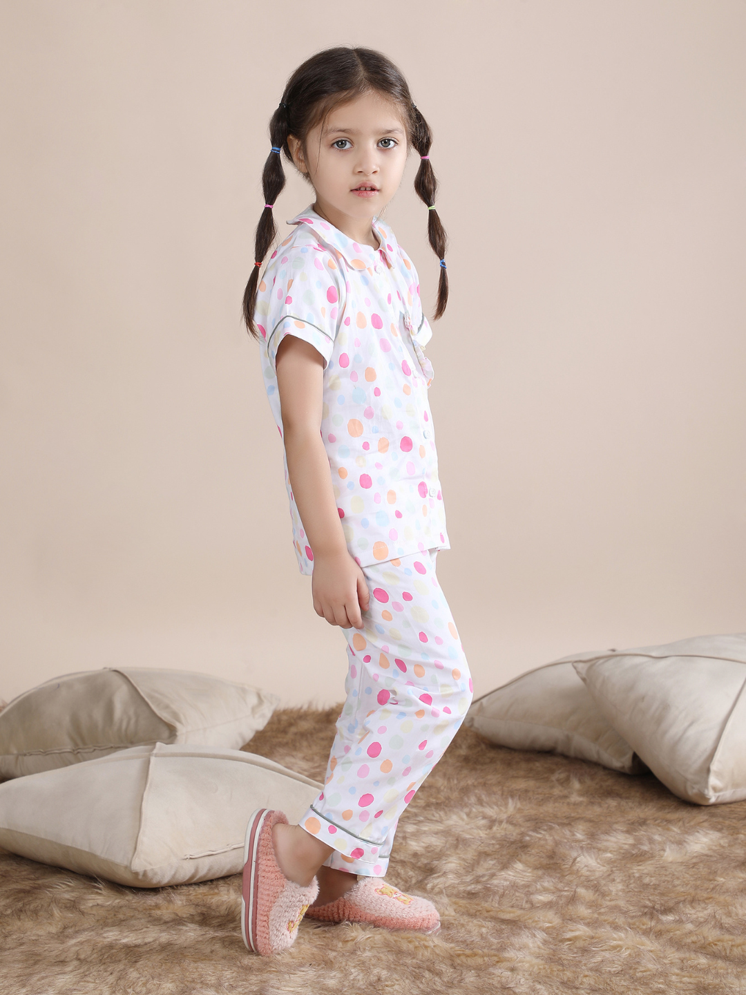Polka Tots Half sleeves Polka Dots print Night Suit - Multicolor