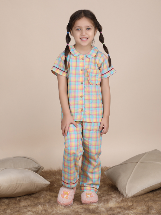 Polka Tots Half sleeves Checks print Night Suit - Multicolor