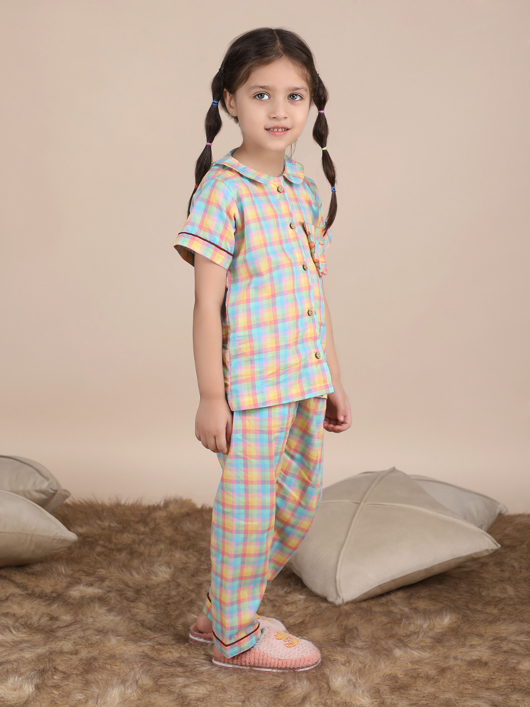 Polka Tots Half sleeves Checks print Night Suit - Multicolor