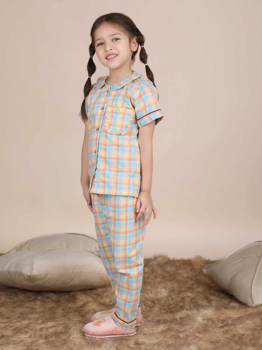 Polka Tots Half sleeves Checks print Night Suit - Multicolor