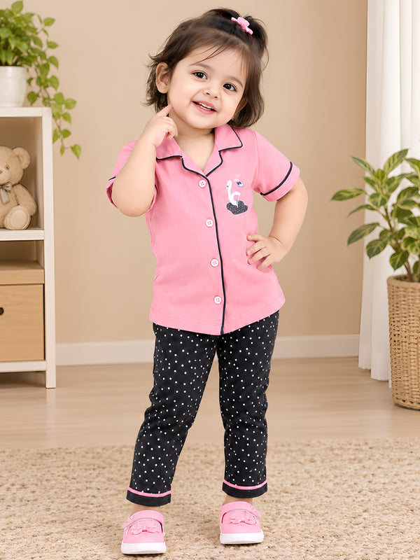 Polka Tots Half sleeves Swan Print Night Suit - Peach