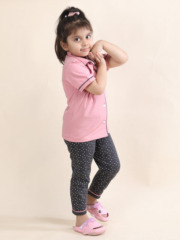 Polka Tots Half sleeves Swan Print Night Suit - Peach