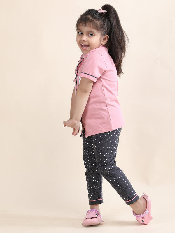 Polka Tots Half sleeves Swan Print Night Suit - Peach