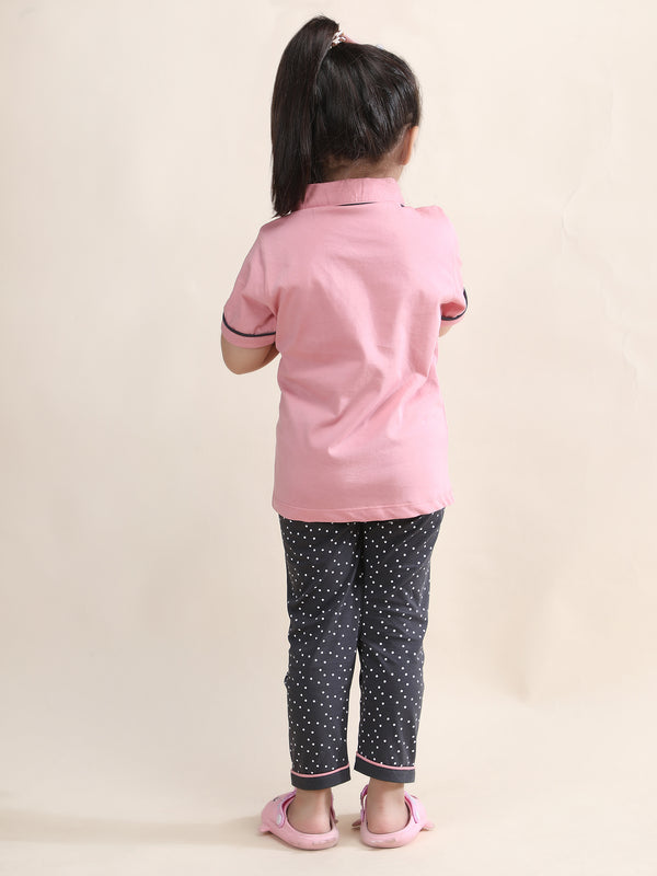 Polka Tots Half sleeves Swan Print Night Suit - Peach