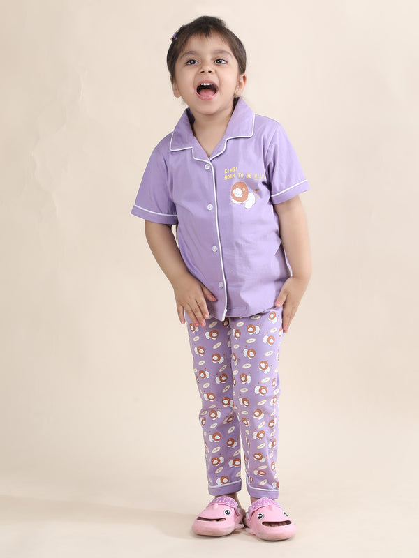 Polka Tots Half sleeves Cub print Night Suit - Lavender