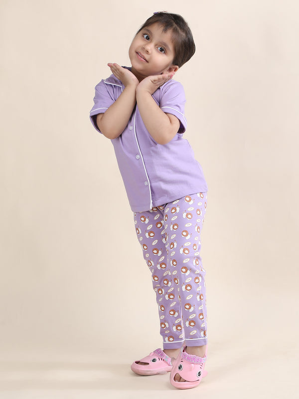 Polka Tots Half sleeves Cub print Night Suit - Lavender