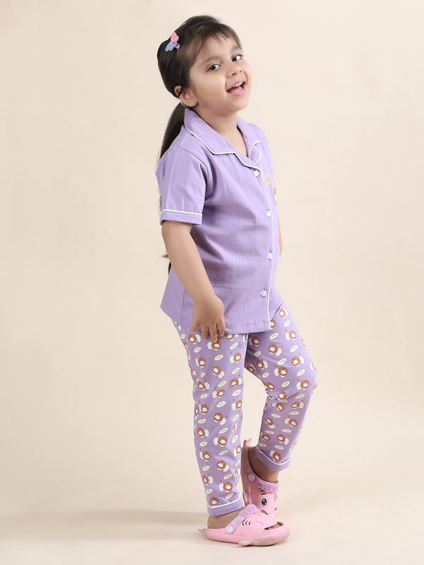 Polka Tots Half sleeves Cub print Night Suit - Lavender