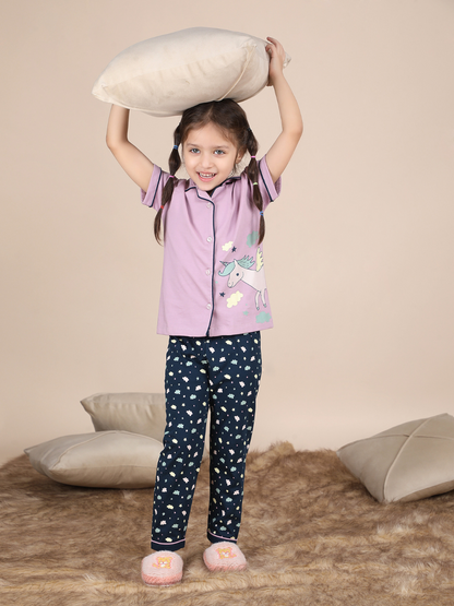 Polka Tots Half sleeves Unicorn Print Night Suit - Lilac