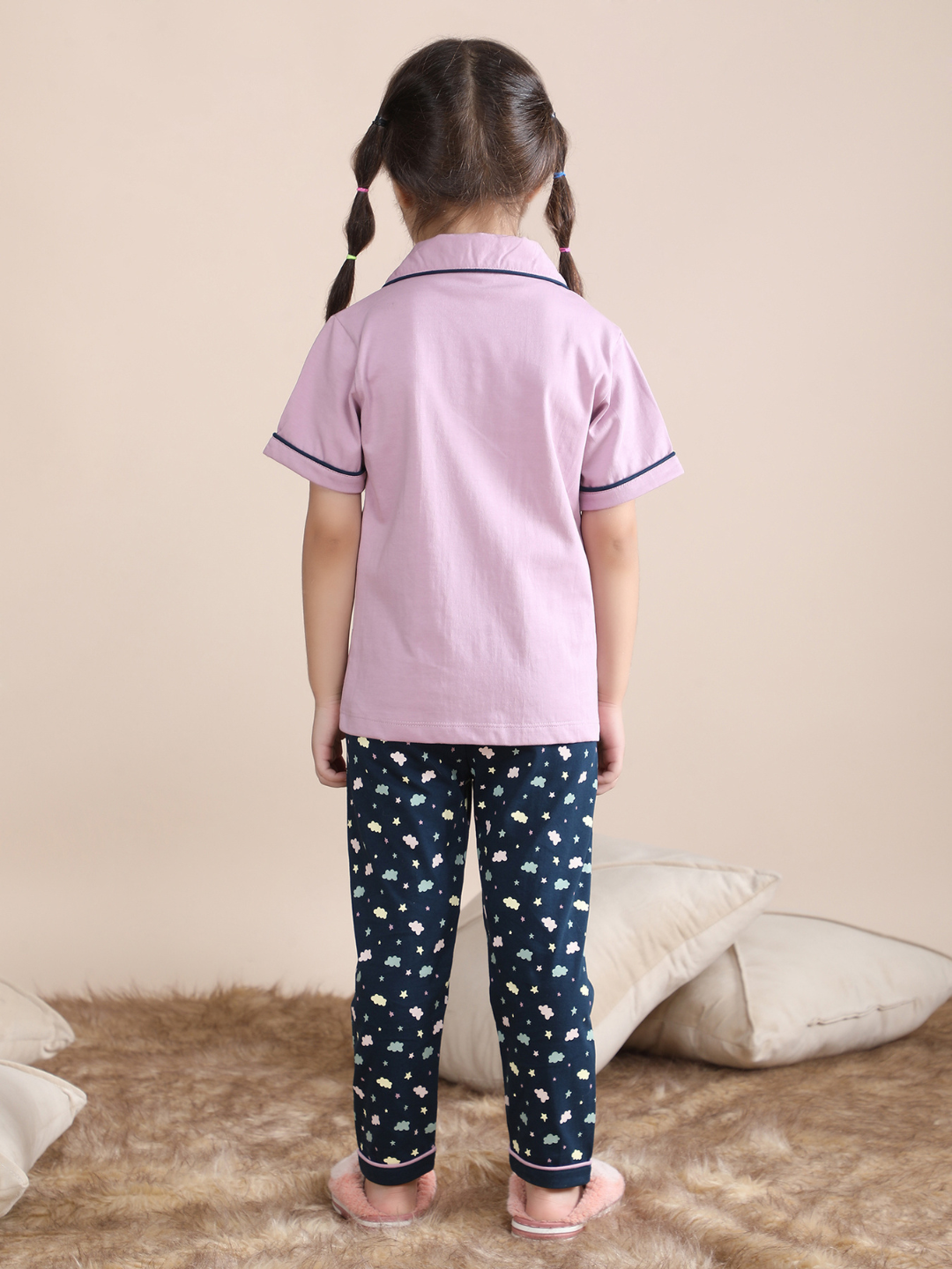 Polka Tots Half sleeves Unicorn Print Night Suit - Lilac
