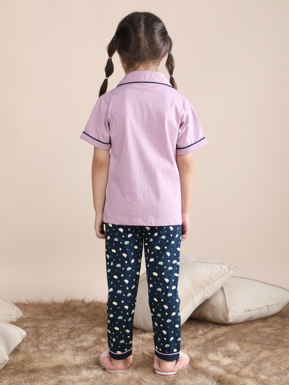 Polka Tots Half sleeves Unicorn Print Night Suit - Lilac