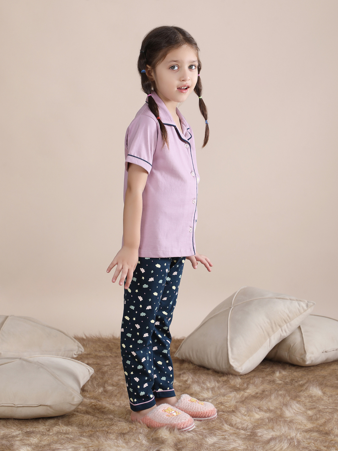 Polka Tots Half sleeves Unicorn Print Night Suit - Lilac