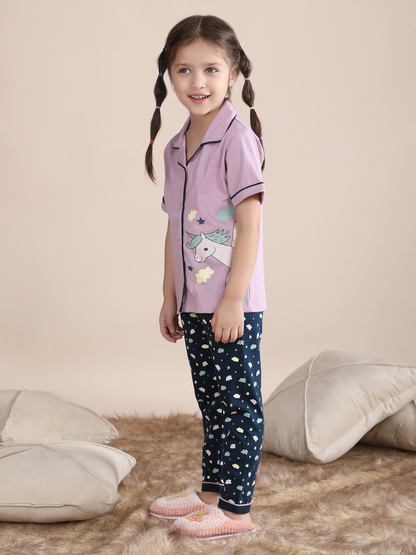 Polka Tots Half sleeves Unicorn Print Night Suit - Lilac