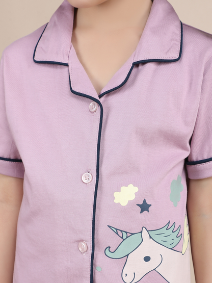 Polka Tots Half sleeves Unicorn Print Night Suit - Lilac