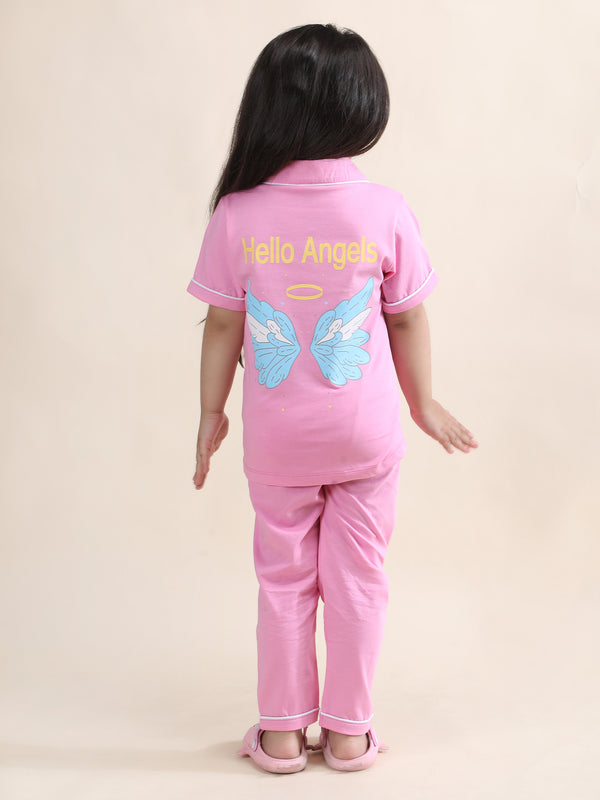 Polka Tots Half sleeves Cute Angel Print Night Suit - Pink
