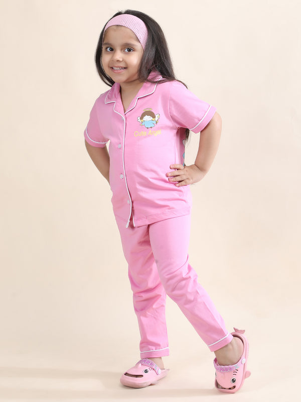 Polka Tots Half sleeves Cute Angel Print Night Suit - Pink