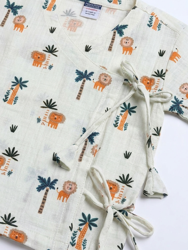 Polka Tots Wrinkled Muslin Cotton Animal Print Kediya Jhabla & Pant Set - Light Green