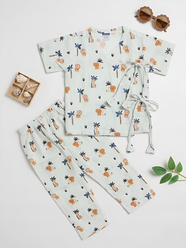 Polka Tots Wrinkled Muslin Cotton Animal Print Kediya Jhabla & Pant Set - Light Green