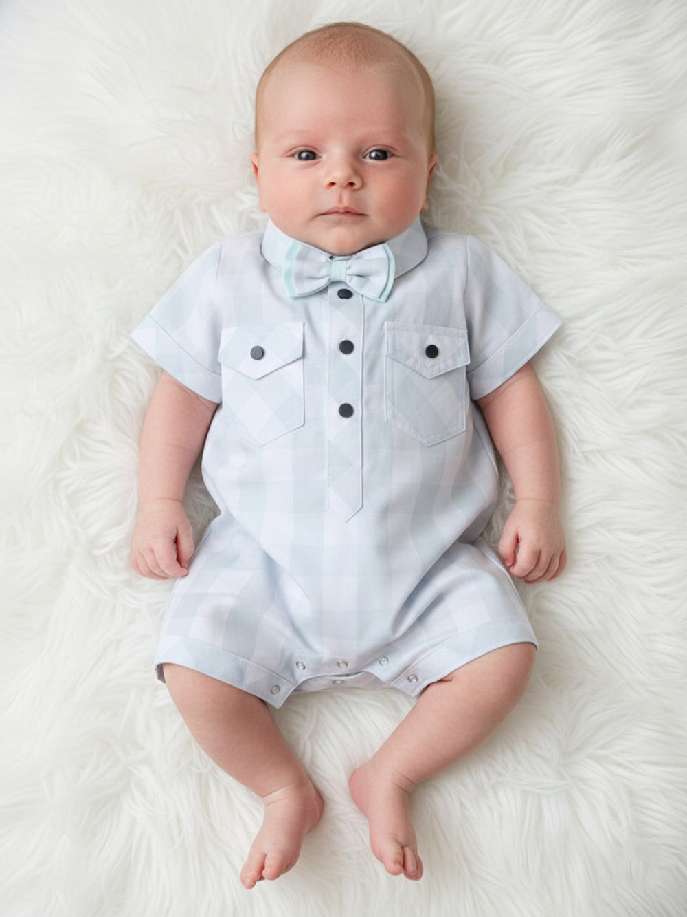 Polka Tots Half Sleeve Checks print Shirt Romper with Bow - Green