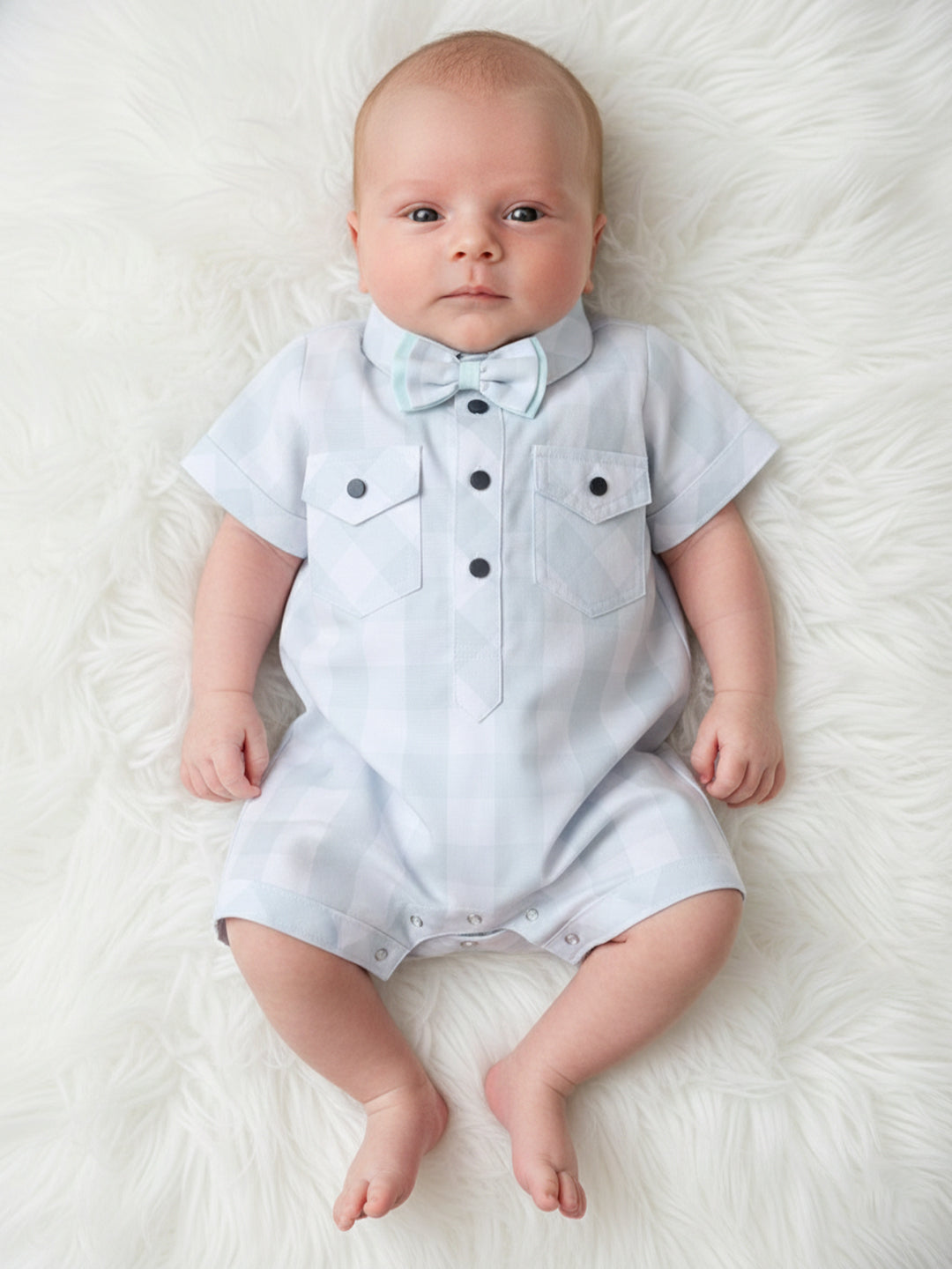 Polka Tots Half Sleeve Checks print Shirt Romper with Bow - Green