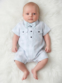 Polka Tots Half Sleeve Checks print Shirt Romper with Bow - Green