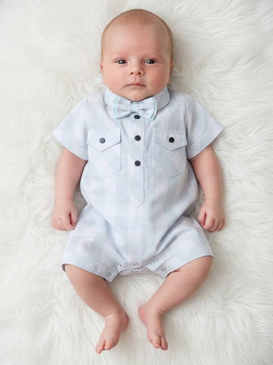 Polka Tots Half Sleeve Checks print Shirt Romper with Bow - Green