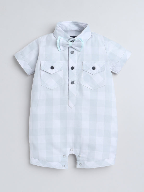 Polka Tots Half Sleeve Checks print Shirt Romper with Bow - Green