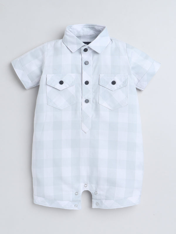 Polka Tots Half Sleeve Checks print Shirt Romper with Bow - Green
