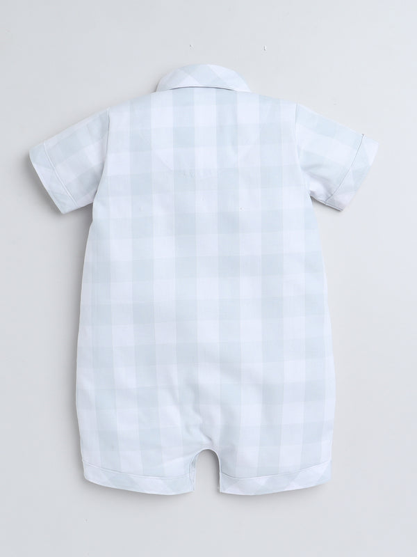Polka Tots Half Sleeve Checks print Shirt Romper with Bow - Green