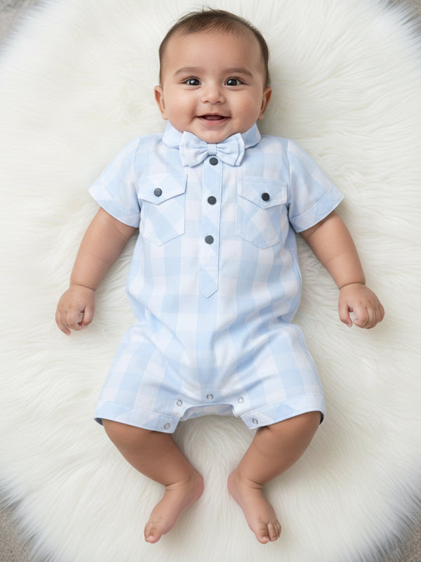 Polka Tots Half Sleeve Checks print Shirt Romper with Bow - Blue