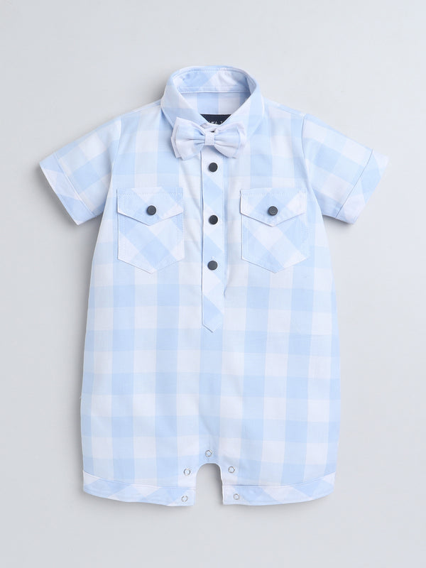 Polka Tots Half Sleeve Checks print Shirt Romper with Bow - Blue