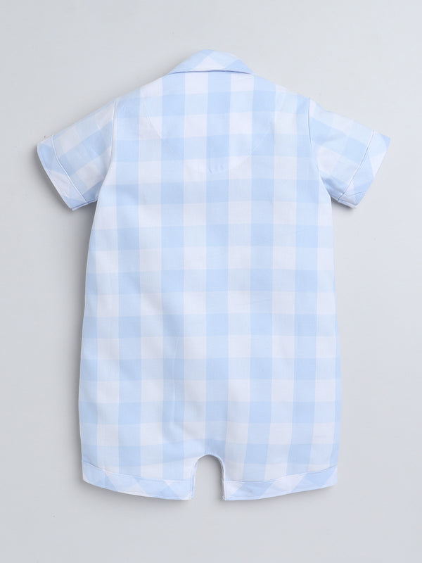 Polka Tots Half Sleeve Checks print Shirt Romper with Bow - Blue