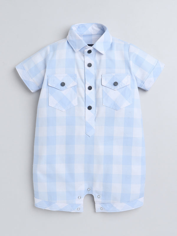 Polka Tots Half Sleeve Checks print Shirt Romper with Bow - Blue