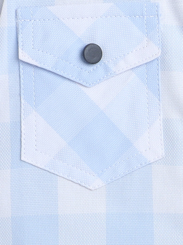 Polka Tots Half Sleeve Checks print Shirt Romper with Bow - Blue