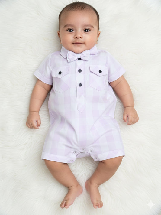 Polka Tots Half Sleeve Checks print Shirt Romper with Bow - Pink