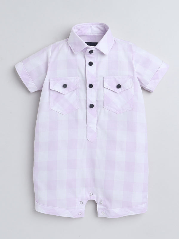 Polka Tots Half Sleeve Checks print Shirt Romper with Bow - Pink