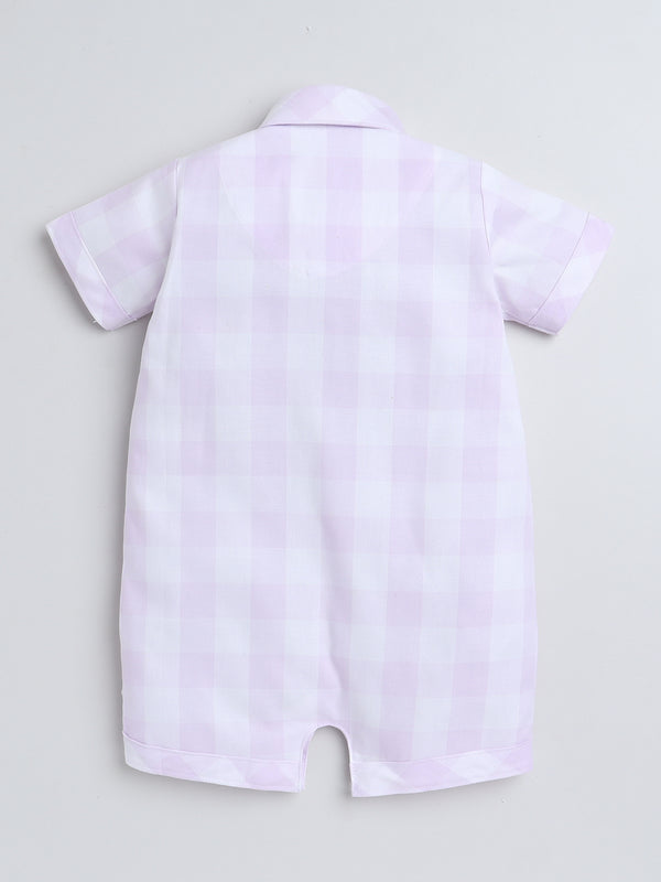 Polka Tots Half Sleeve Checks print Shirt Romper with Bow - Pink